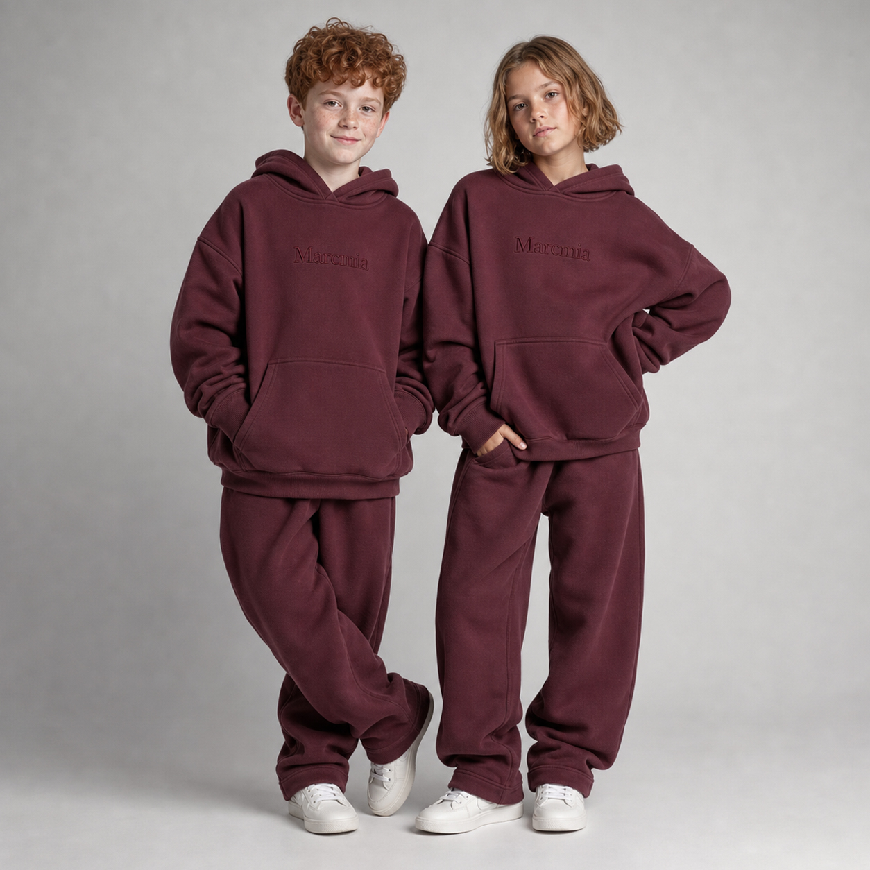 Two children wearing burgundy Marcmia hoodie sets