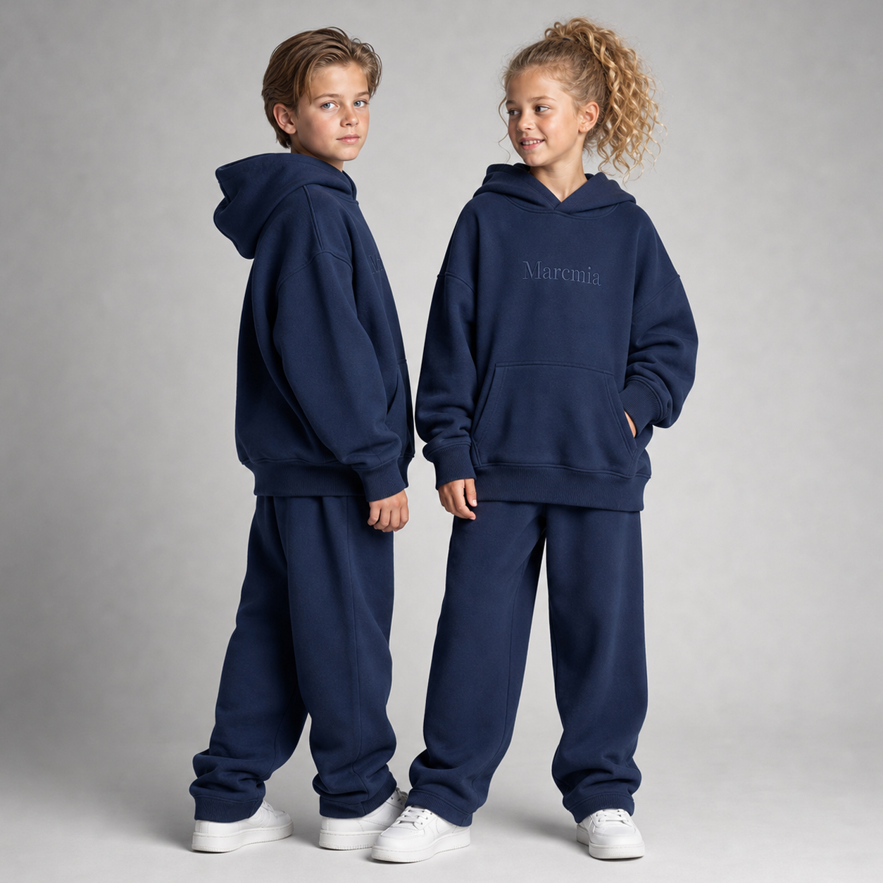 Two children wearing navy Marcmia hoodie sets