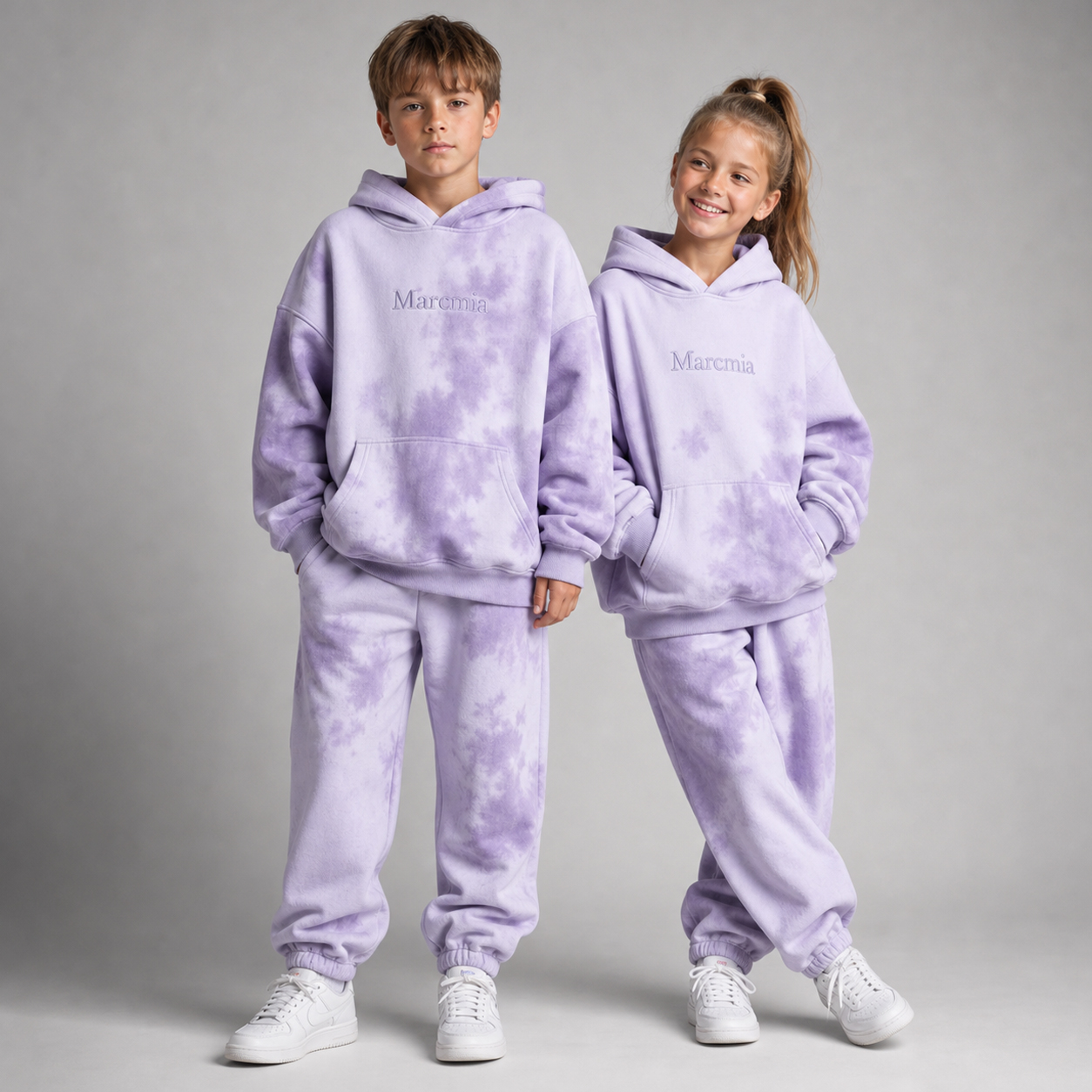 Two children wearing lavender tie dye Marcmia hoodie sets