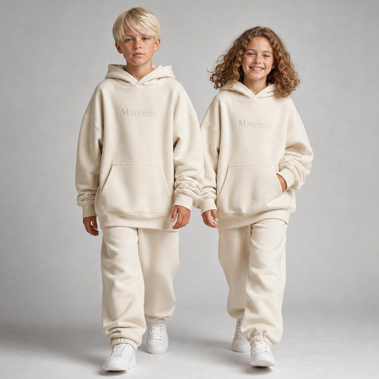 Two children wearing warm cream Marcmia hoodie sets