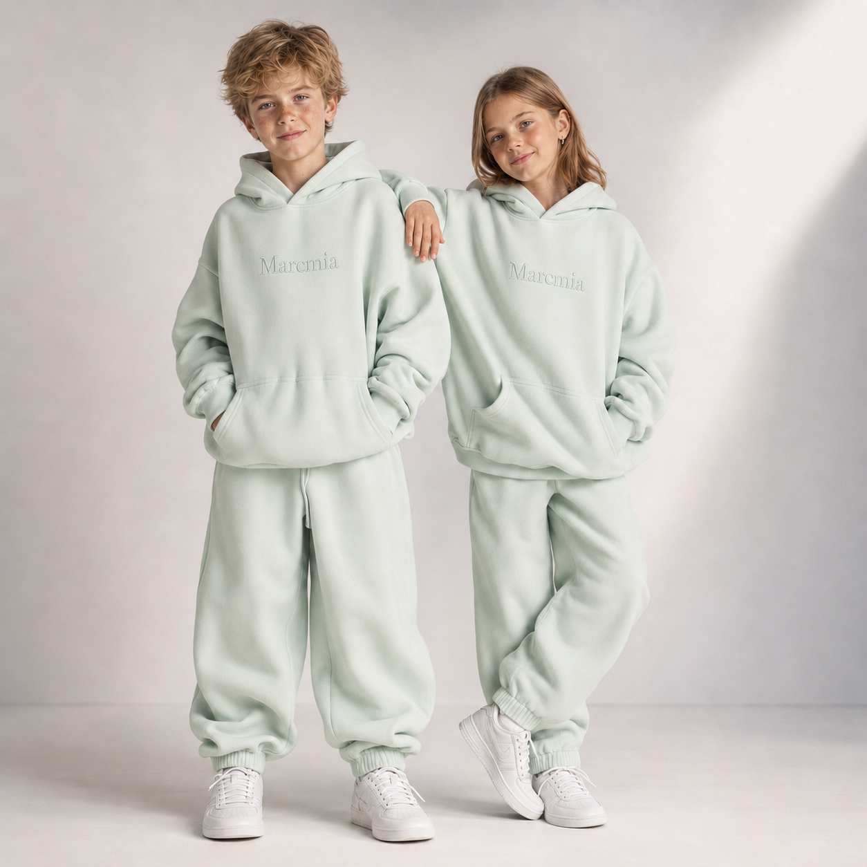 Two children wearing mint Marcmia hoodie sets